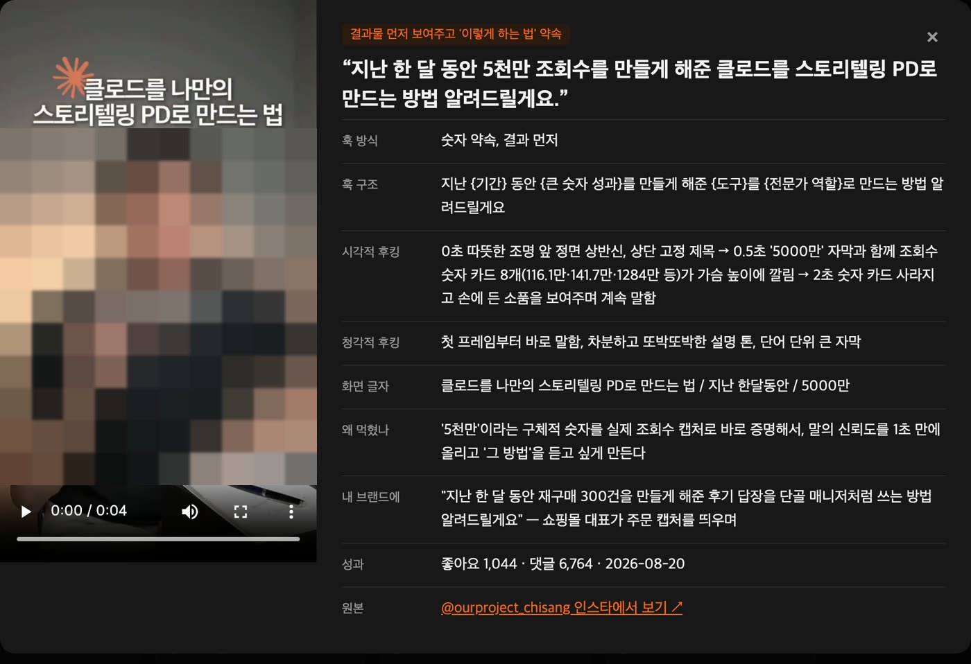 훅 상세 — 훅 구조, 시각적 후킹, 청각적 후킹, 왜 먹혔나, 내 브랜드에 쓰는 법